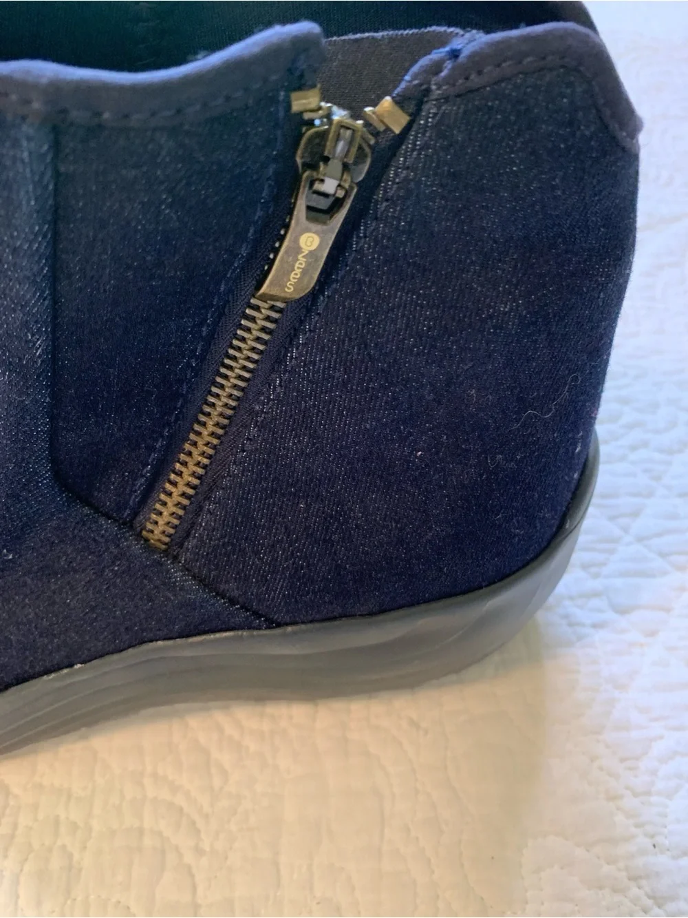 Bzees Zora Wedge Boots in Navy Denim with Rounded Toe Box Mud Guard